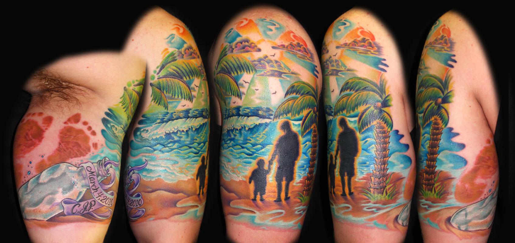 my client Kevin sat 3 days back to back to finish this father son tribute.. him and his son wearing hoodies... felt like a landscape painting while tattooing... enjoyed this one.