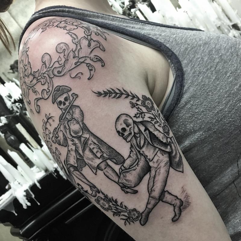 Blackwork Dancing Skeletons
