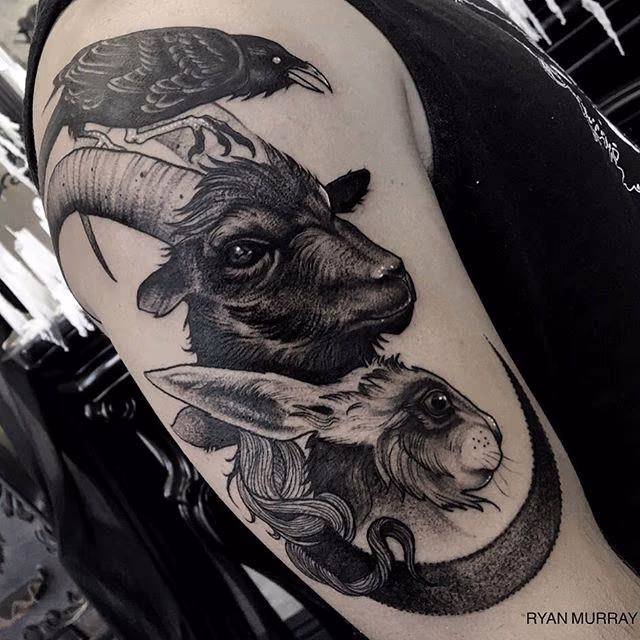 Crow Goat Rabbit and Crescent Moon Blackwork