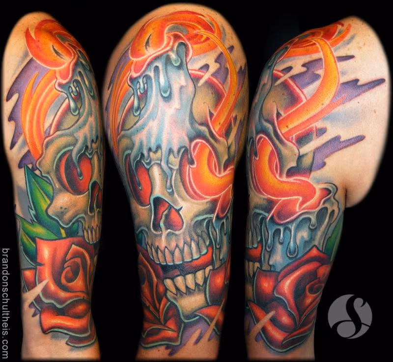 Skull, Candles & Roses Tattoo