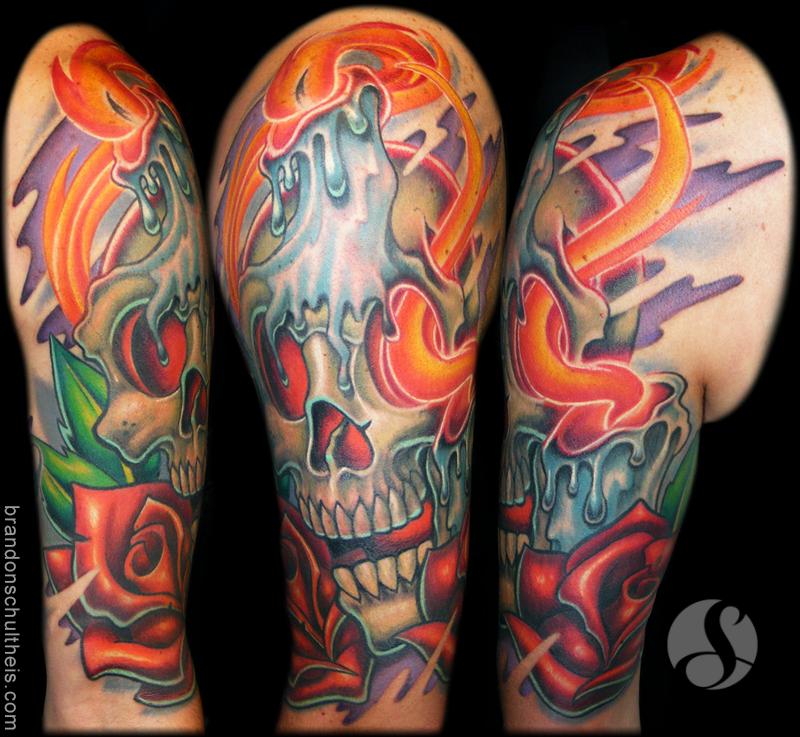 Skull, Candles & Roses Tattoo