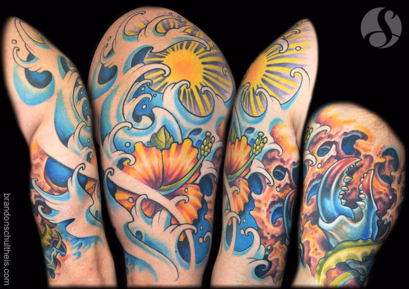 Hibiscus, Waves, Coral & Crab Claw Tattoo