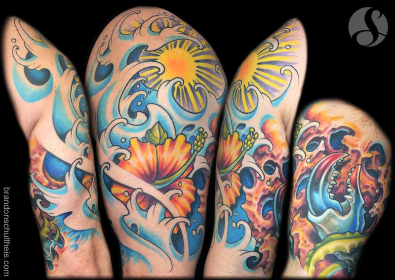 Hibiscus, Waves, Coral & Crab Claw Tattoo