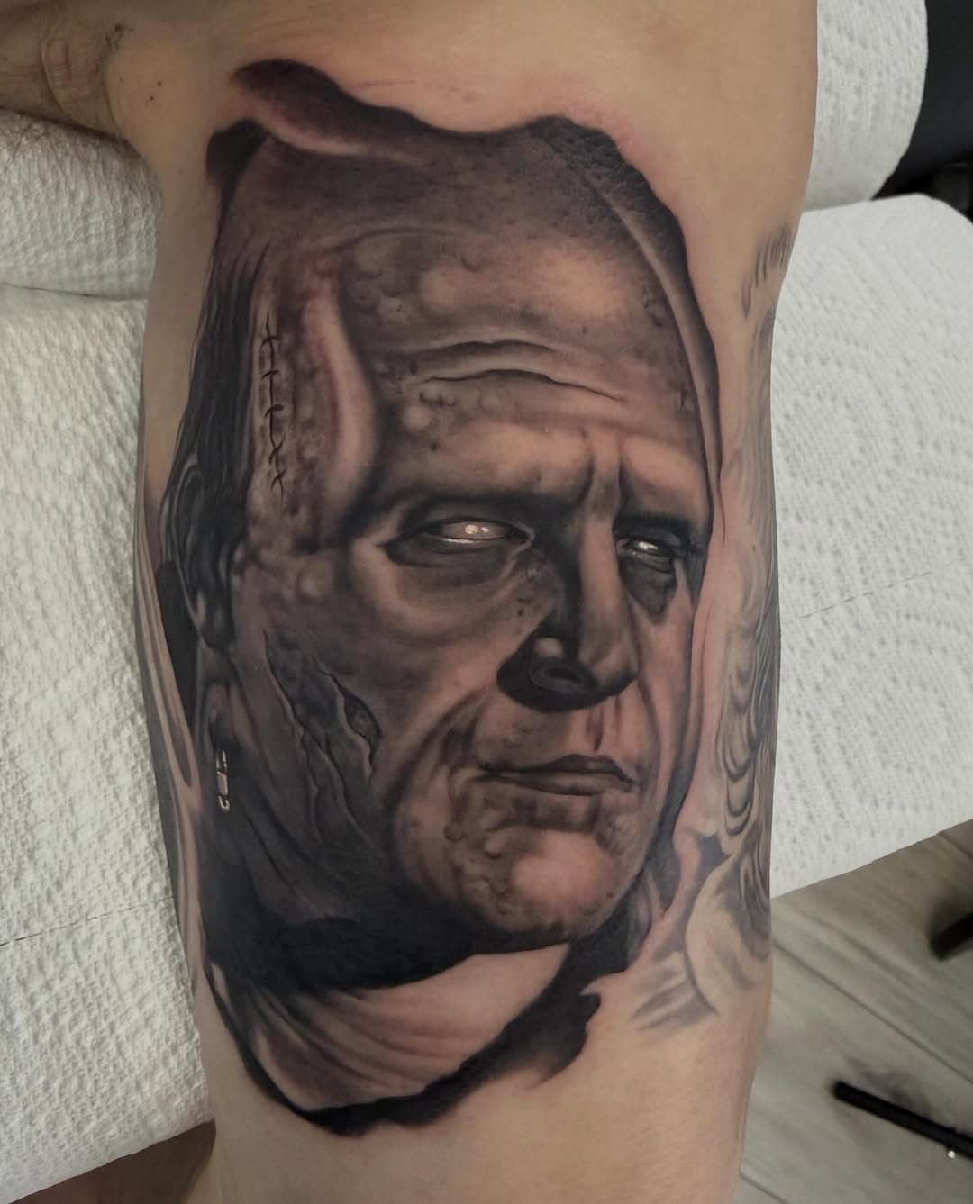 Young Frankenstein monster portrait tattoo, arm