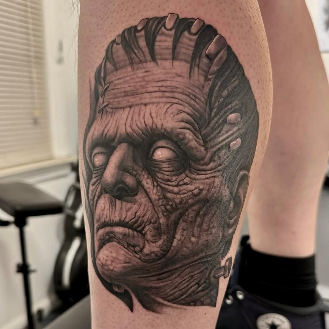 Frankenstein's monster portrait in black-and-grey, thigh