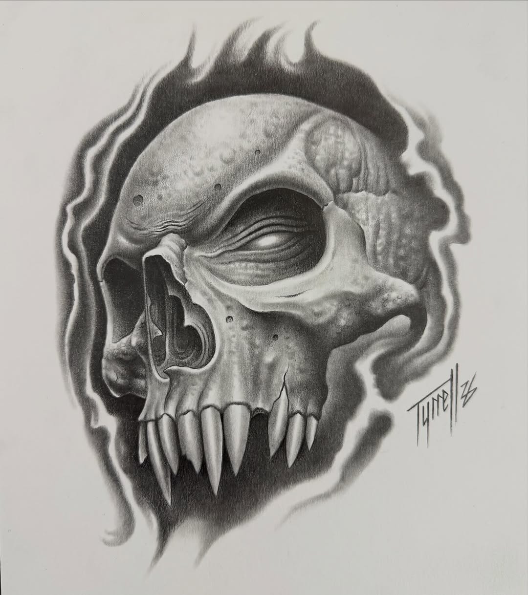 Realistic skull drawing with fangs, pencil on paper