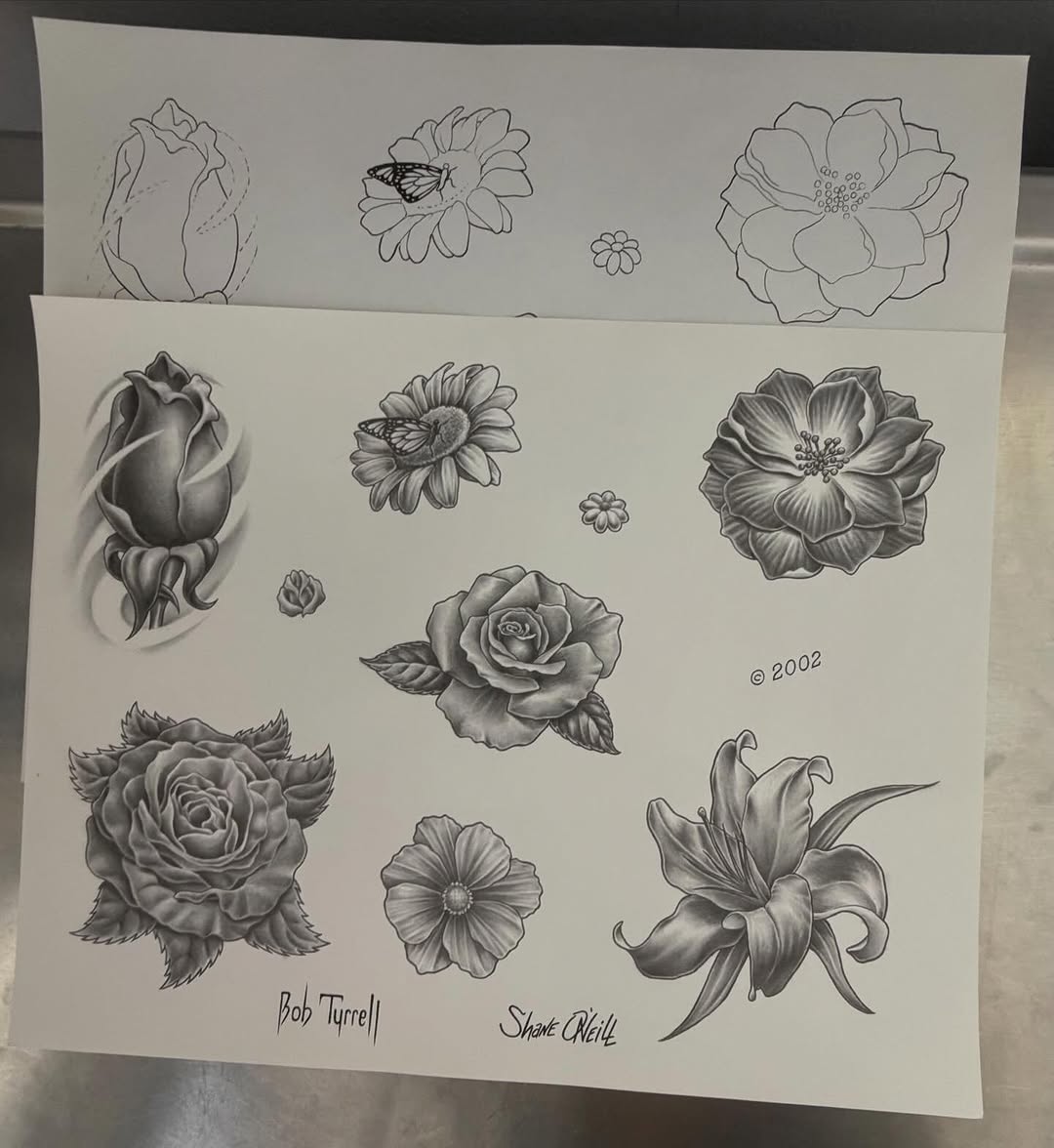 Floral tattoo flash sheet, roses and daisies