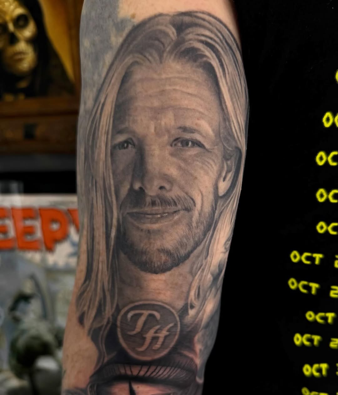 Taylor Hawkins portrait tattoo, arm