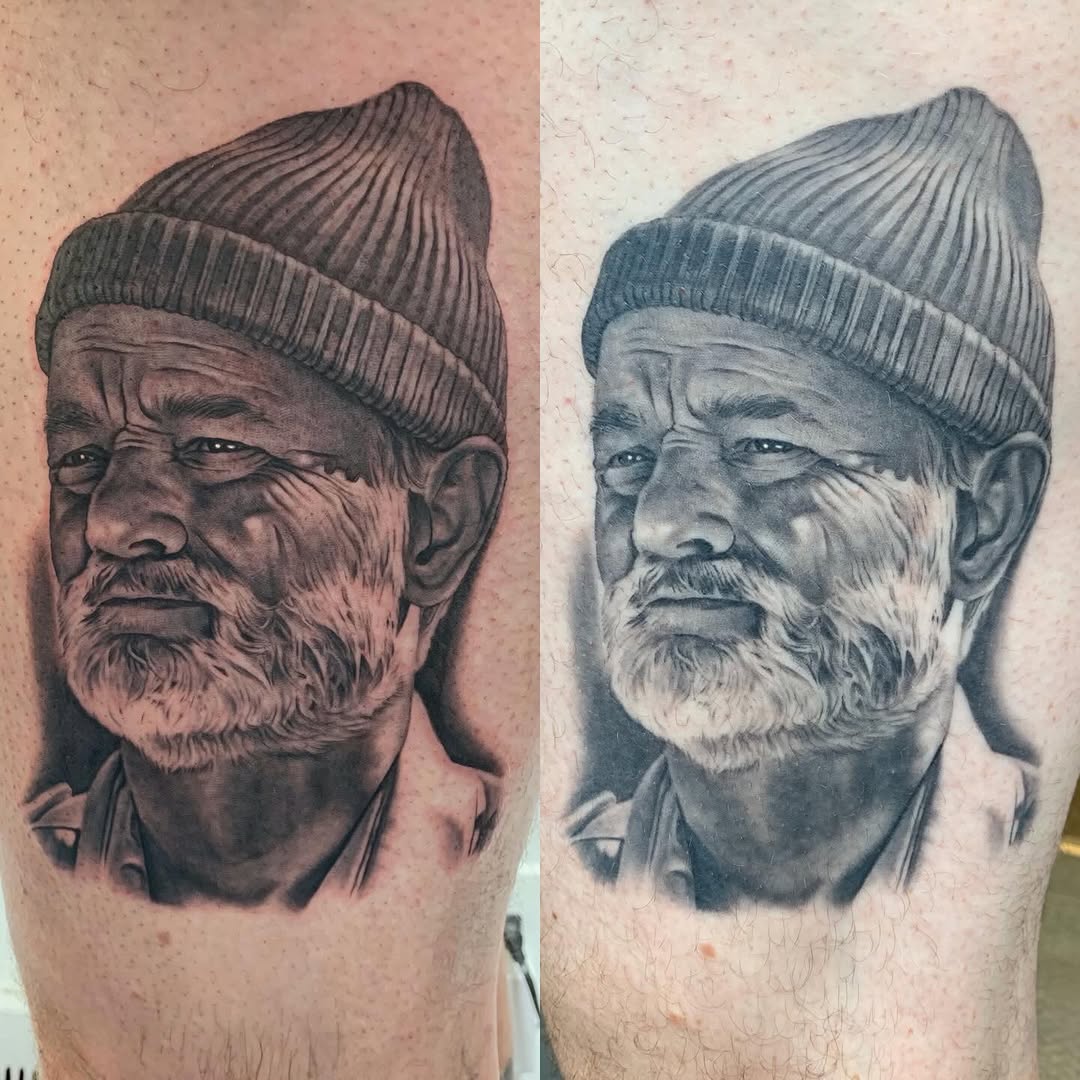 Bill Murray portrait tattoo, black-and-grey