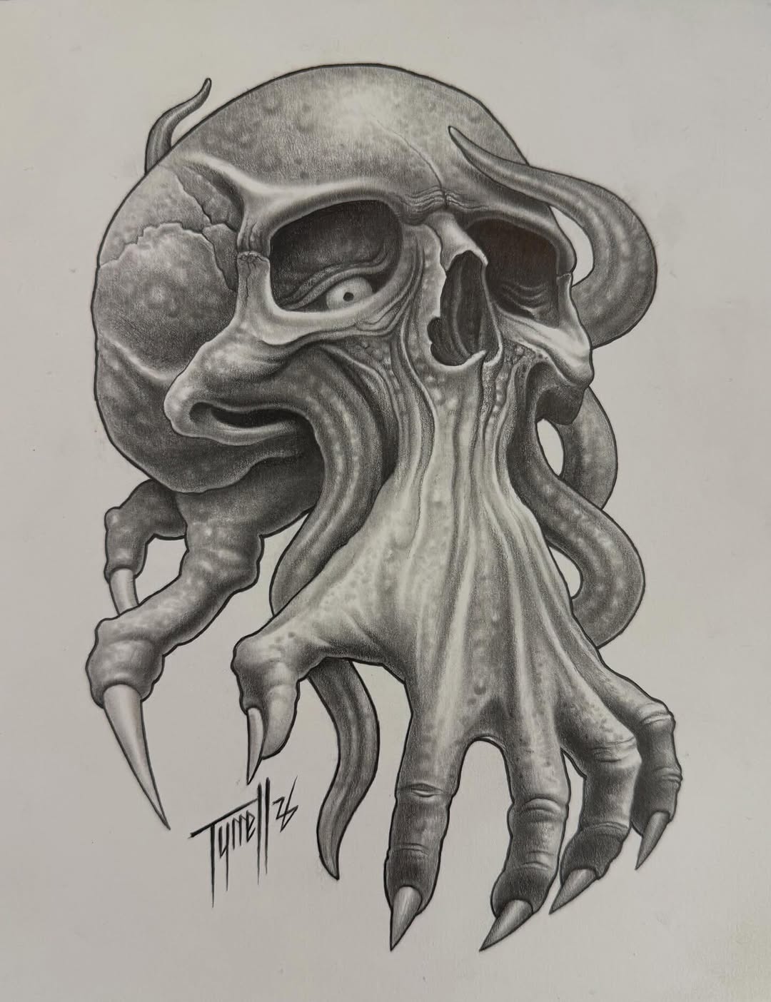 Skull with demon claws pencil drawing