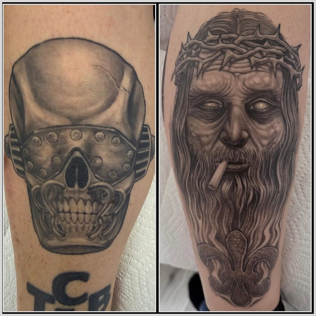 Vic Rattlehead and zombie Jesus band tattoos, calf