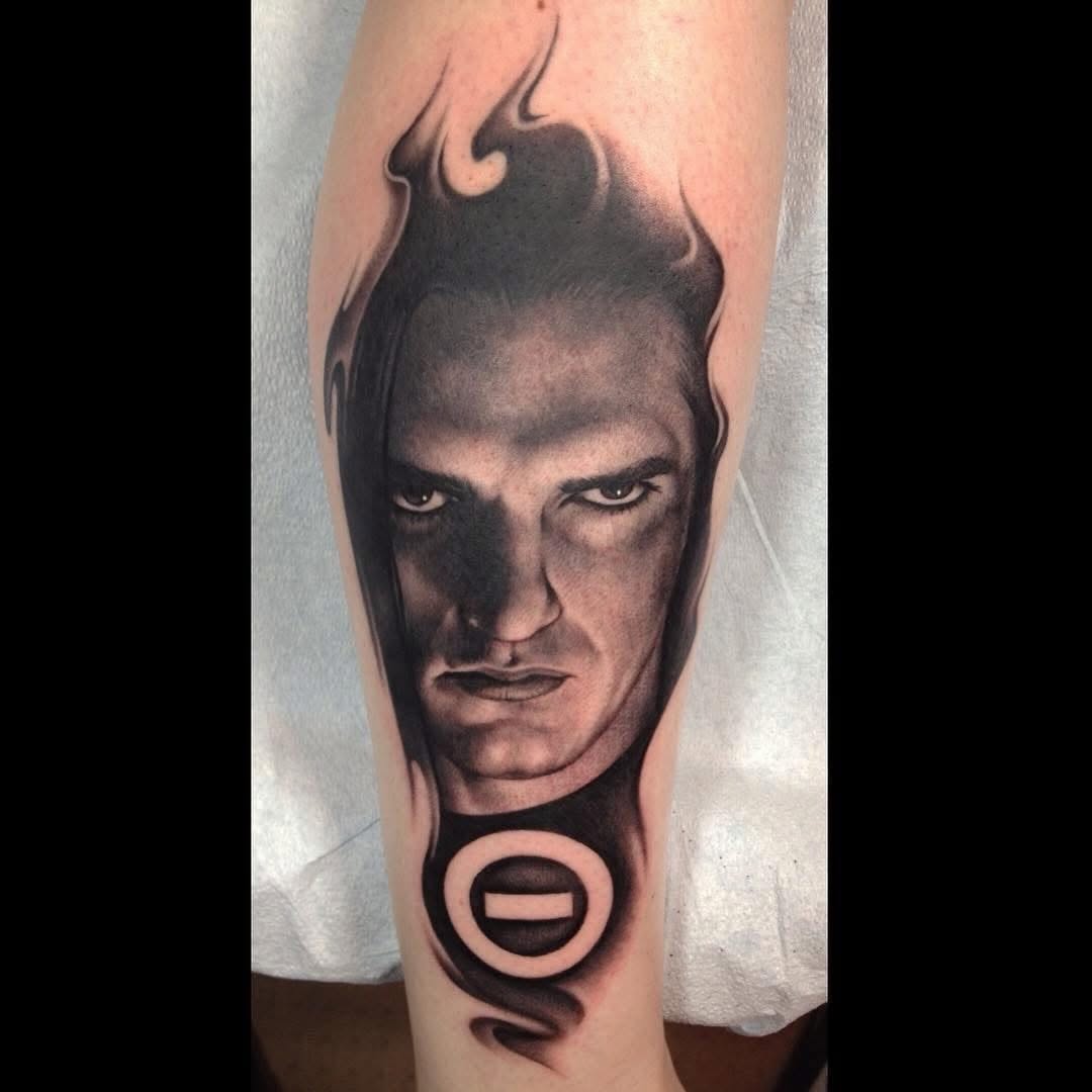 Peter Steele portrait with demonic horns, forearm