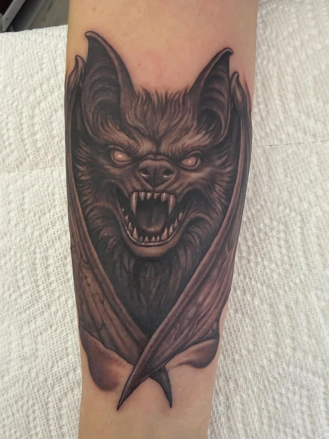 Black-and-grey demon bat portrait, forearm