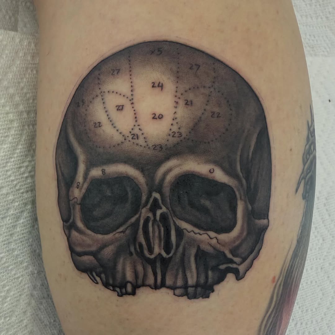 Black Label Society skull with phrenology map, arm