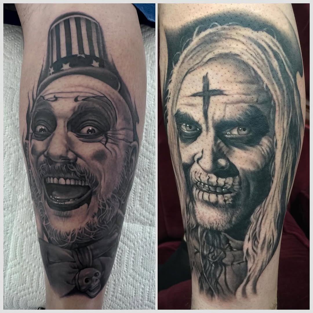 Portrait tattoos of Captain Spaulding and Otis, calf