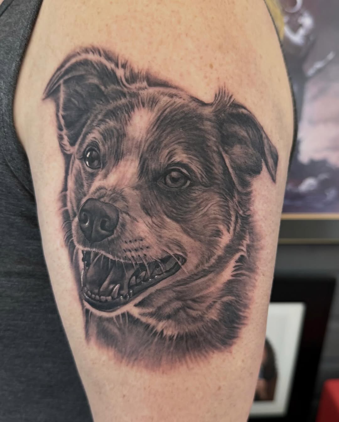 Black-and-grey dog portrait tattoo, arm