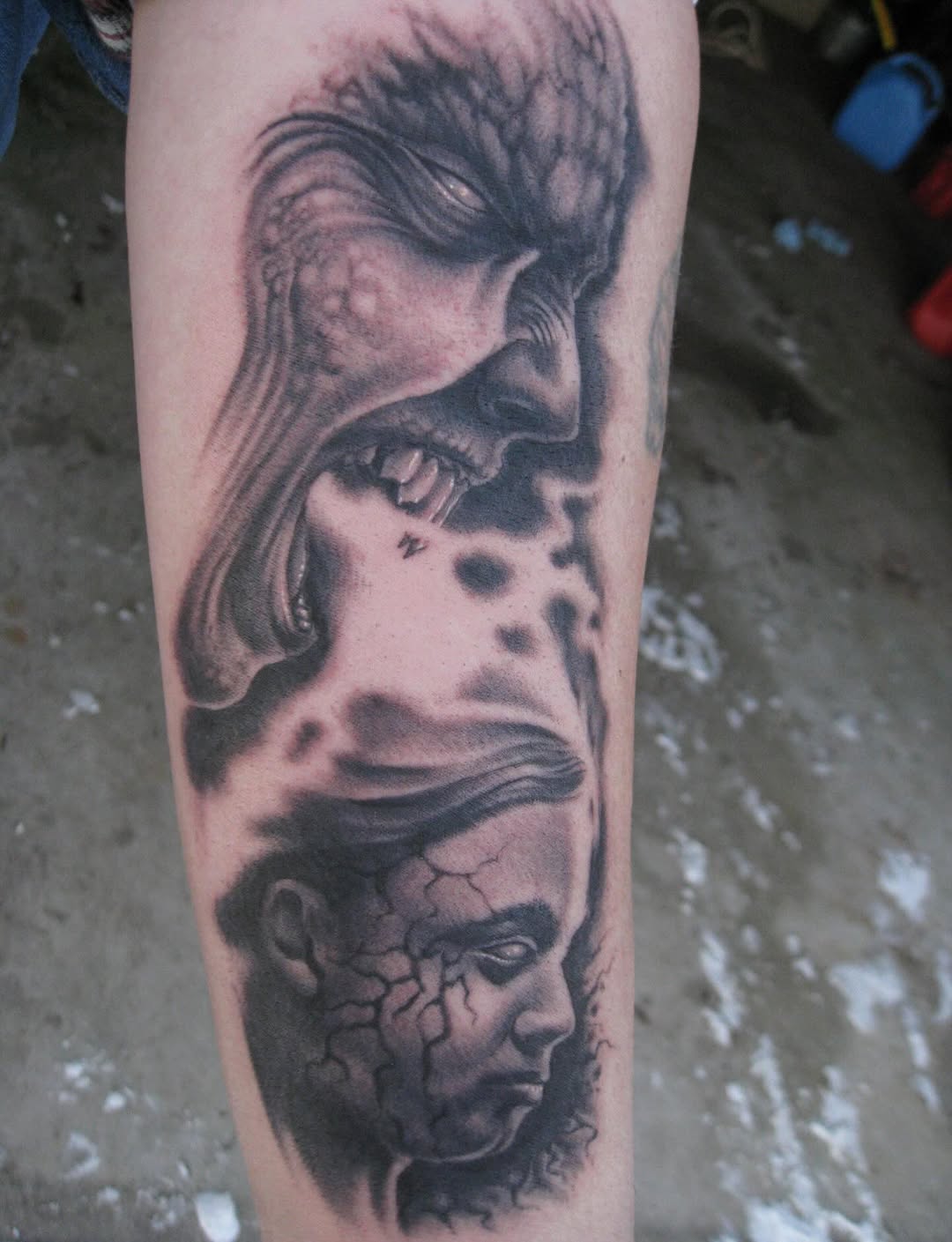 Black-and-grey horror face portrait sleeve