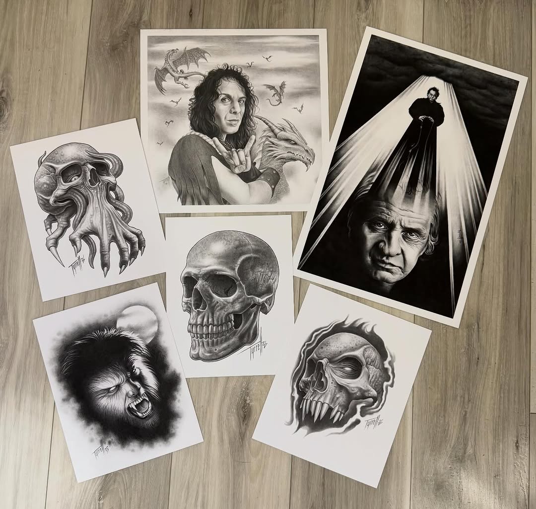 Black-and-grey fantasy art prints collection