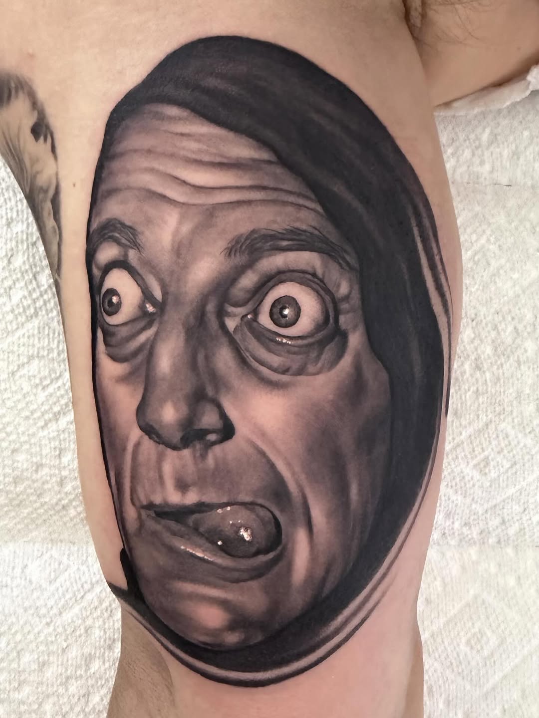 Marty Feldman Igor portrait tattoo, bicep