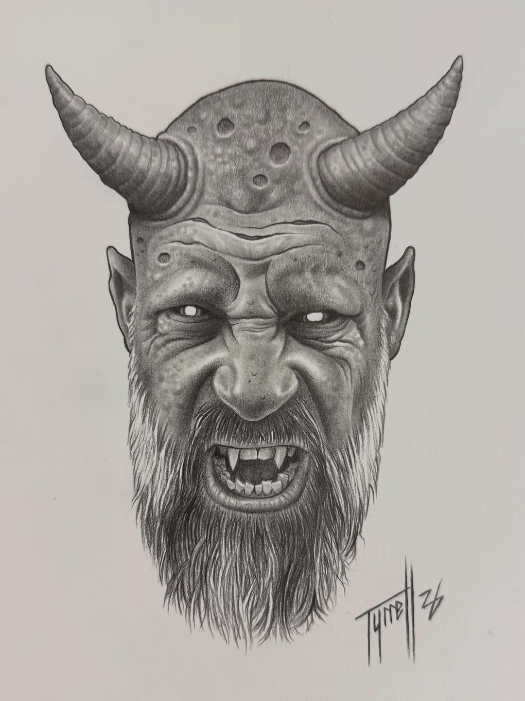 Demon portrait pencil drawing with horns and beard