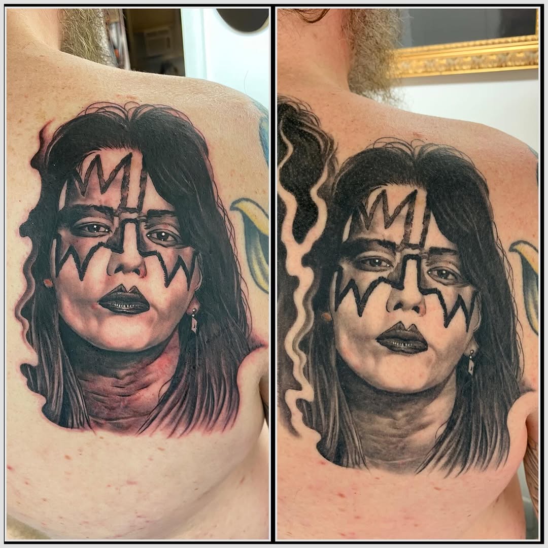 Ace Frehley portrait tattoo, shoulder