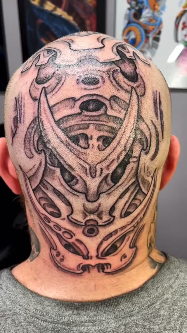 Biomechanical head back piece tattoo, three hours