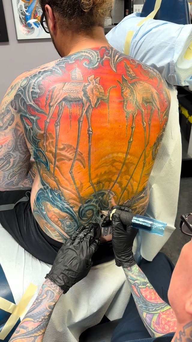 Biomechanical back piece in progress, upper back