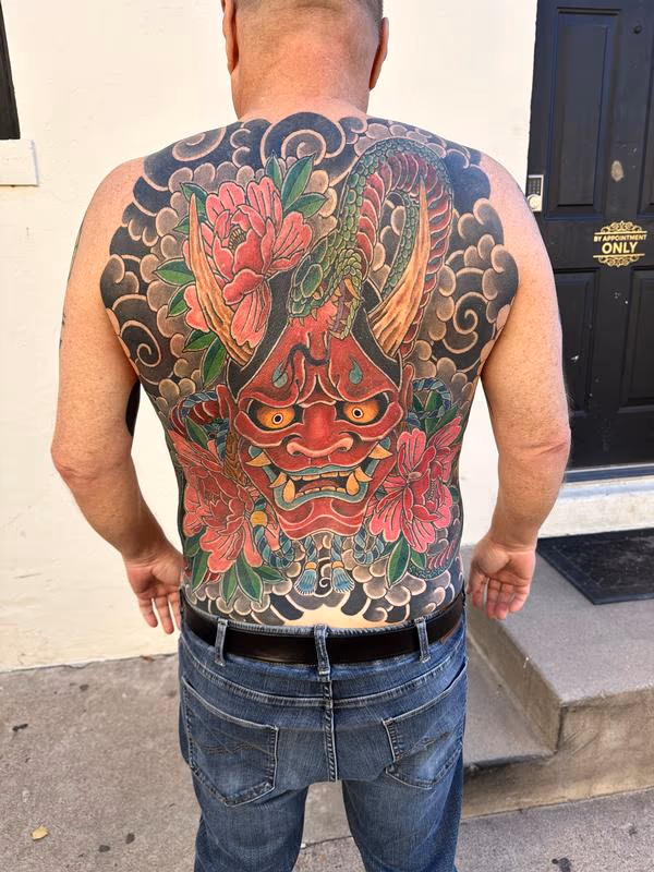 Hannya and snake with peonies Japanese backpiece