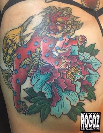 Red Foo dog and peony
