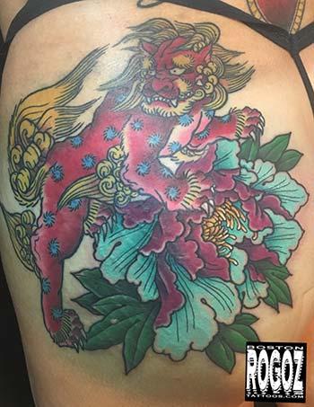 Red Foo dog and peony