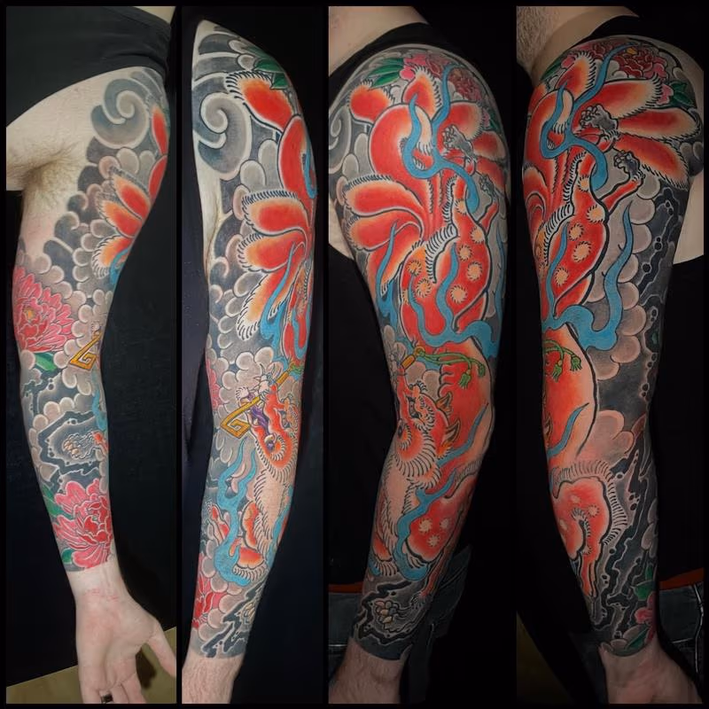 Kitsune and peony sleeve
