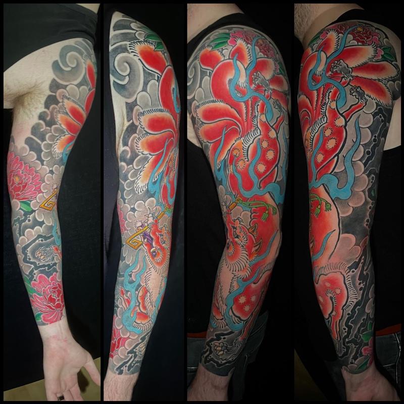 Kitsune and peony sleeve