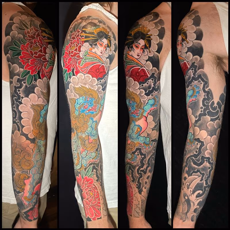 Geisha and foodog sleeve tattoo