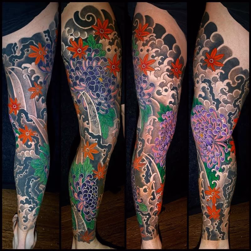 Japanese chrysanthemum and maple leaf leg sleeve