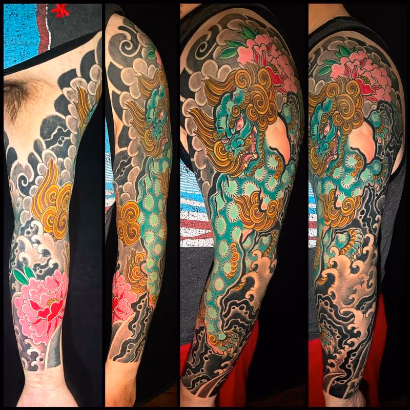 Japanese Foodog and peony sleeve
