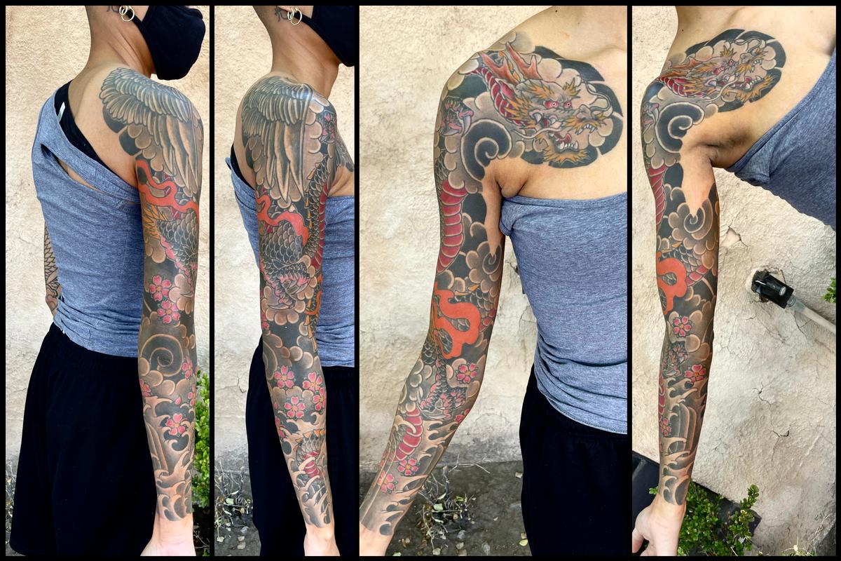 Japanese dragon Sleeve and chest panel tattoo