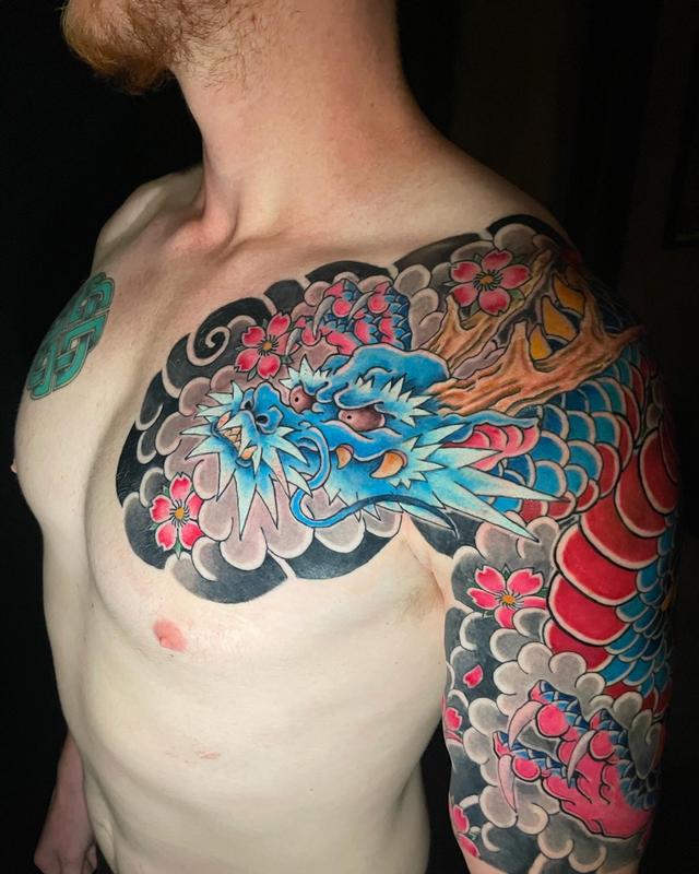 Japanese dragon chest and half arm sleeve