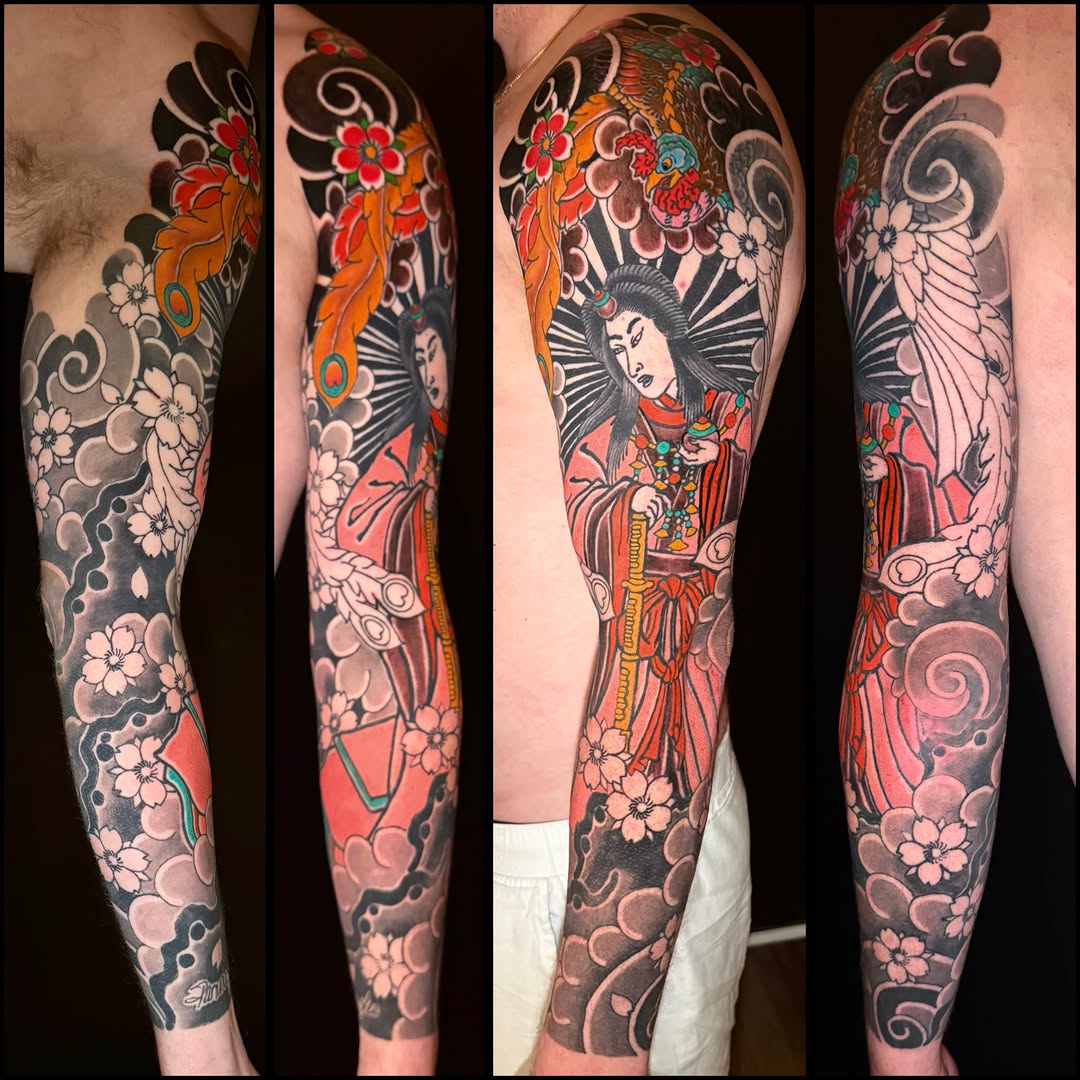 Japanese Amaterasu and Phoenix full sleeve in color