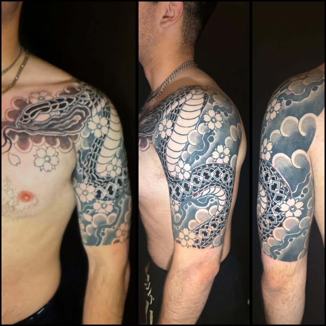 Japanese hebi half-sleeve with floral ornament