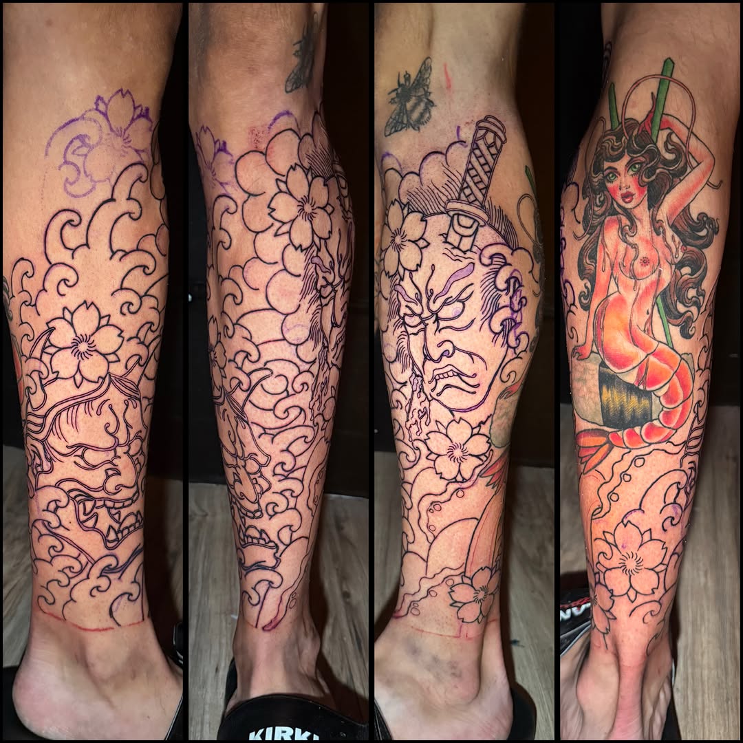 Japanese leg sleeve with Hannya and namakubi