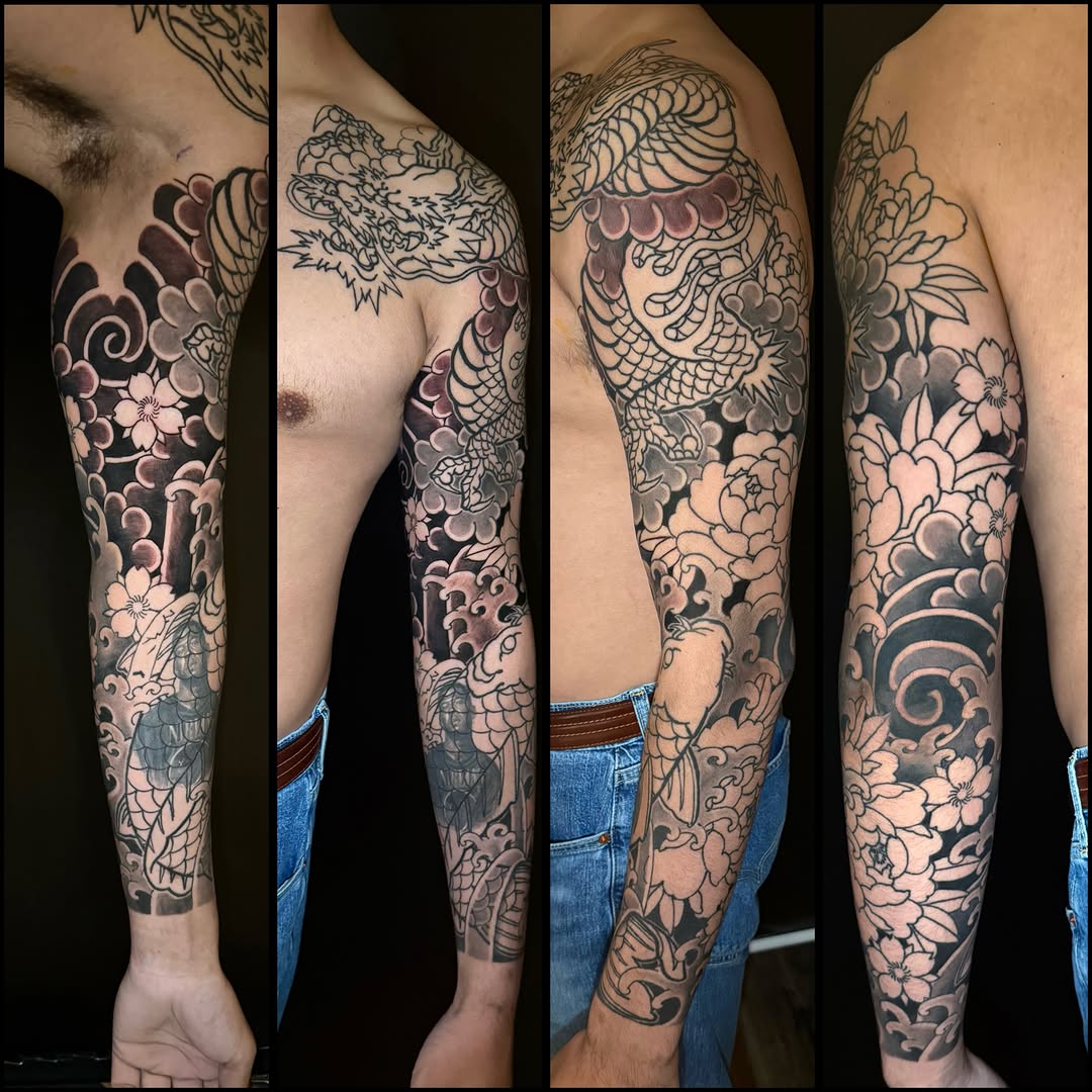 Japanese koi and dragon full sleeve with peonies