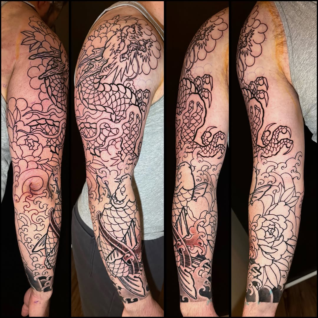 Japanese dragon and peony full-sleeve tattoo