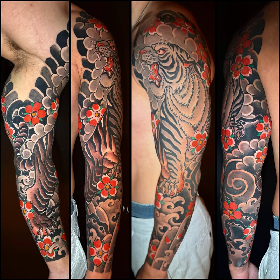 Japanese tiger and sakura full-leg sleeve