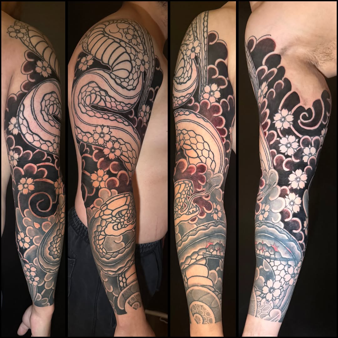 Japanese snake and cherry blossom full sleeve