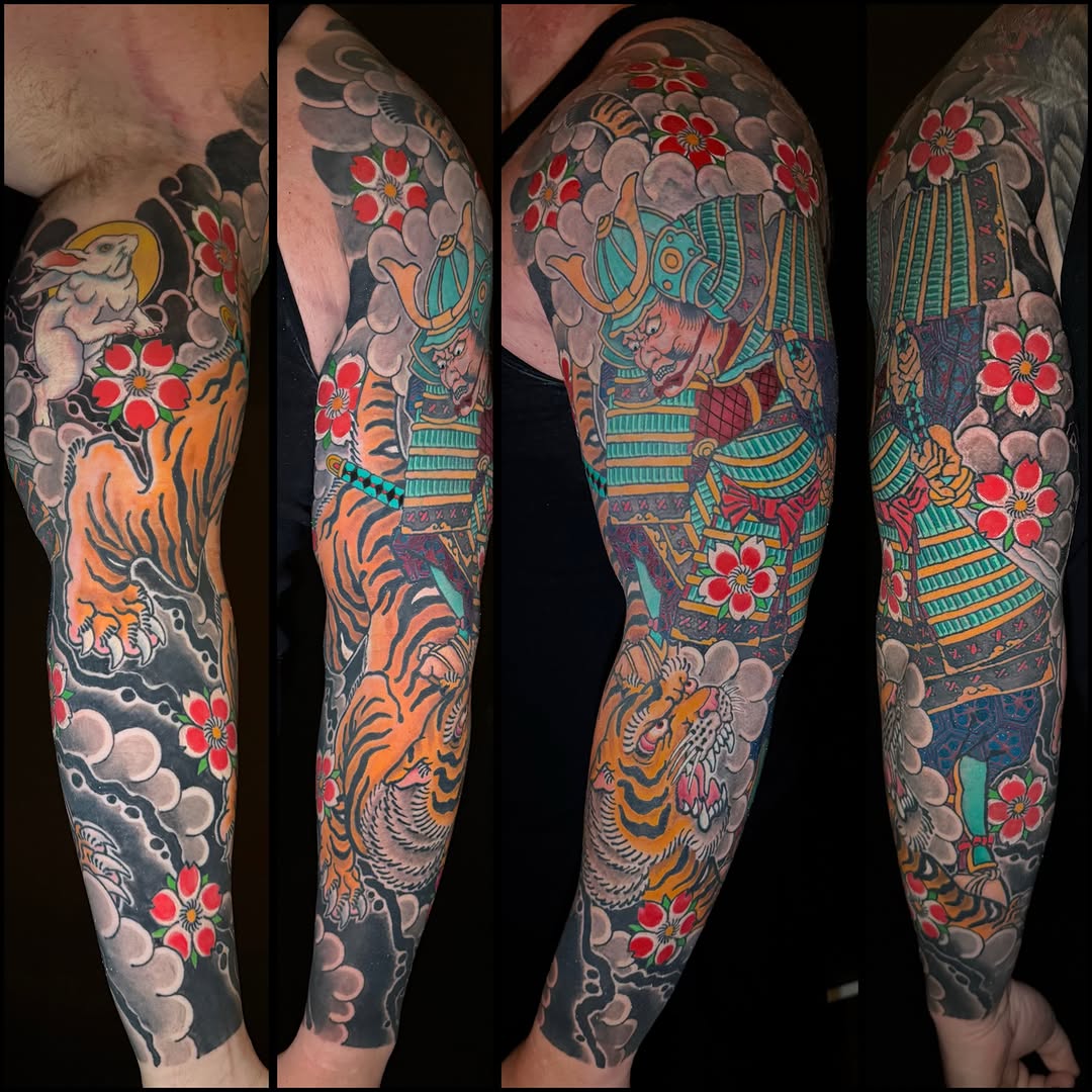Japanese samurai tiger full-leg sleeve in color