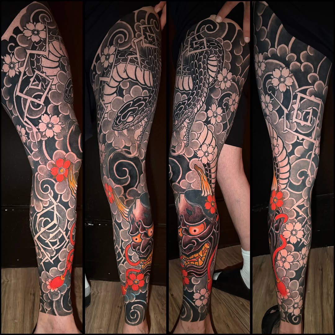 Japanese Hannya and snake leg sleeve in color