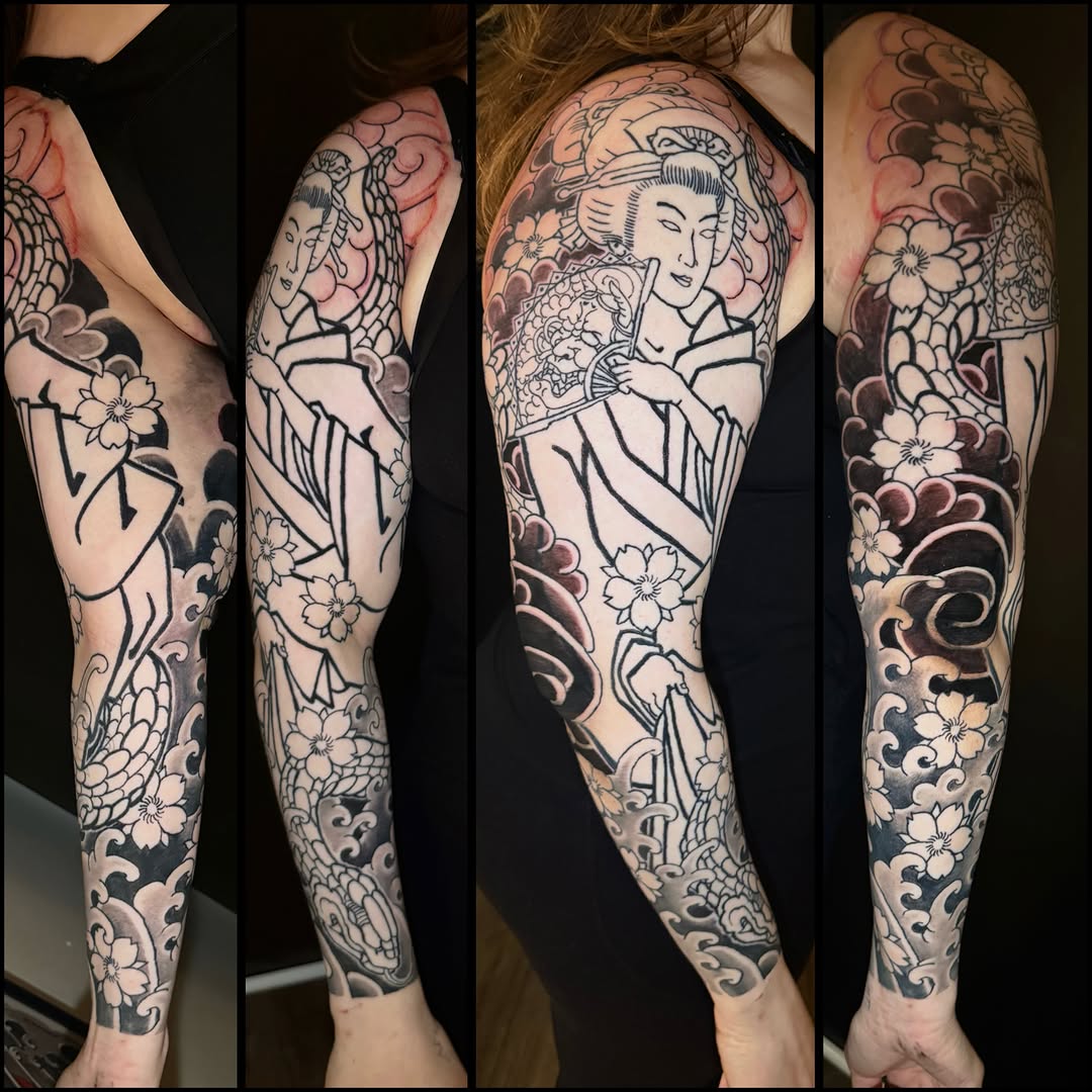 Japanese geisha with hannya mask and snake leg sleeve