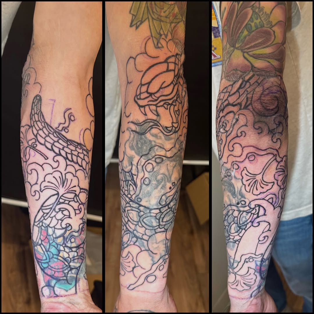 Japanese snake and ginkgo sleeve in progress