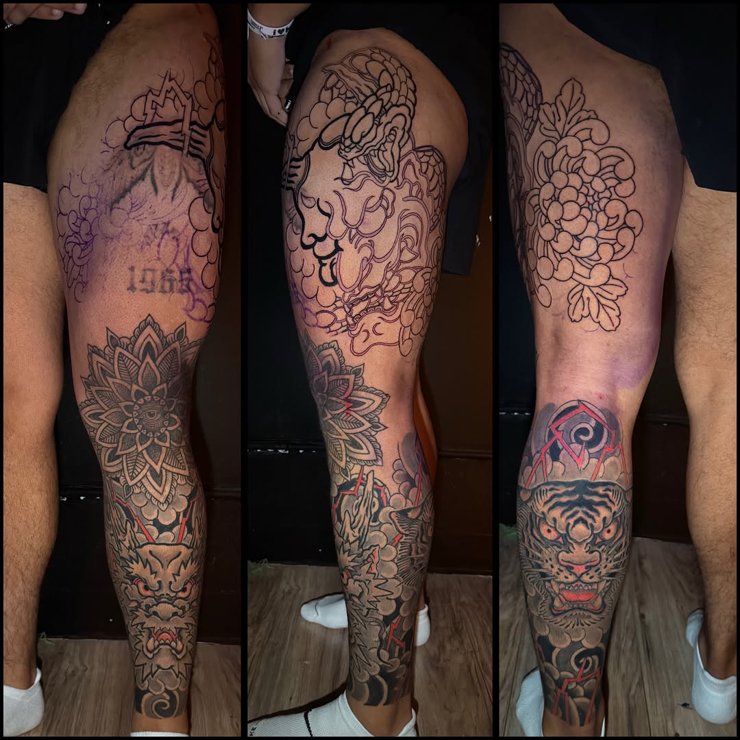 Hannya and snake leg sleeve with chrysanthemums