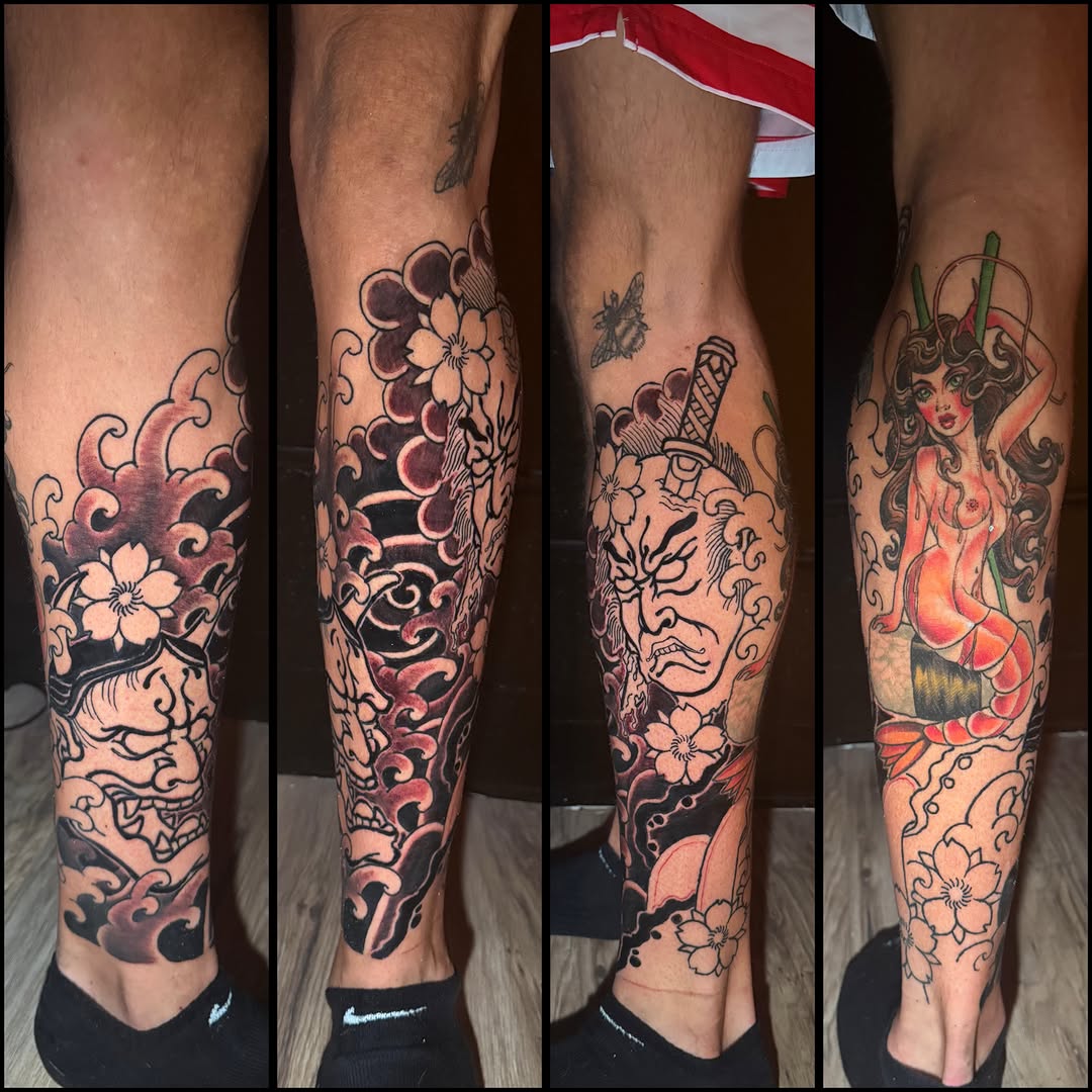 Hannya and namakubi leg sleeve in progress
